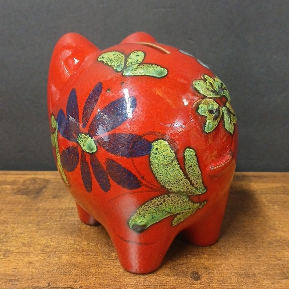 Vintage Stoneware Piggy Bank Glazed Floral Coin Container - Picture 7 of 10